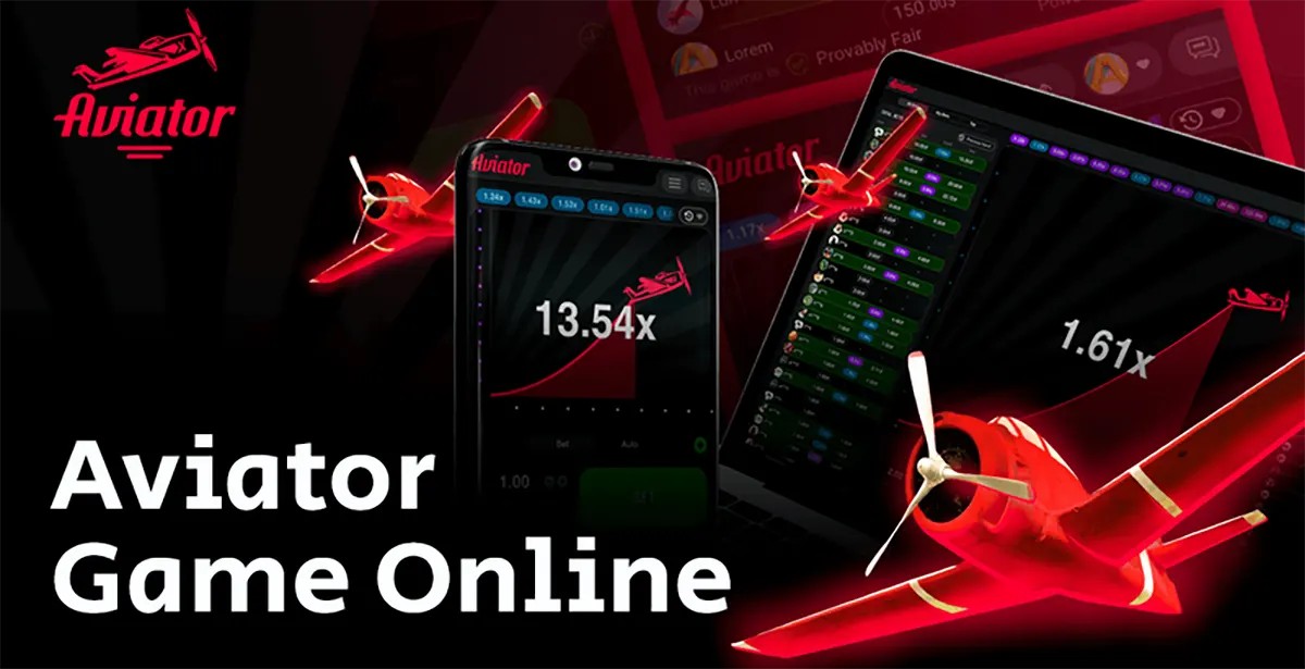 This image promotes the Aviator game, showing the game in action on a mobile device and a laptop. The mobile device displays a multiplier of 13.54x, and the laptop shows 1.61x. The image also features the Aviator logo and an animated red plane, which is central to the game