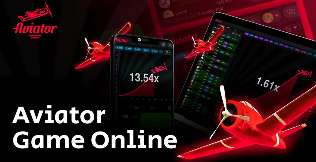 This image promotes the Aviator game, showing the game in action on a mobile device and a laptop. The mobile device displays a multiplier of 13.54x, and the laptop shows 1.61x. The image also features the Aviator logo and an animated red plane, which is central to the game's theme.