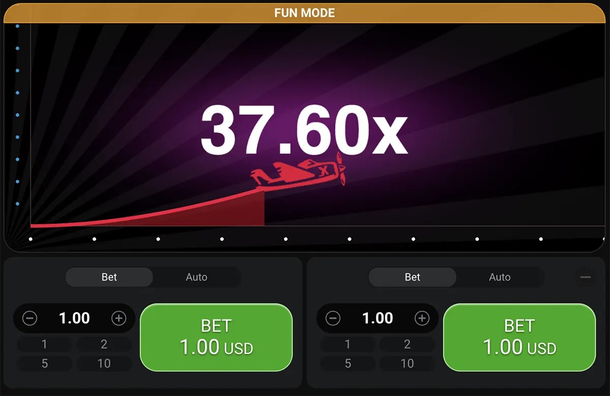 This image showcases a screen from the Aviator game in Fun Mode. The game displays a multiplier of 37.60x with a plane icon in the lower-right corner of the screen. The betting interface is shown, with the current bet set to 1.00 USD and options for increasing or decreasing the bet value.