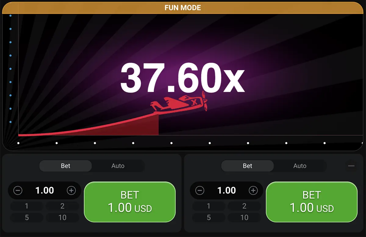 This image showcases a screen from the Aviator game in Fun Mode. The game displays a multiplier of 37.60x with a plane icon in the lower-right corner of the screen. The betting interface is shown, with the current bet set to 1.00 USD and options for increasing or decreasing the bet value.
